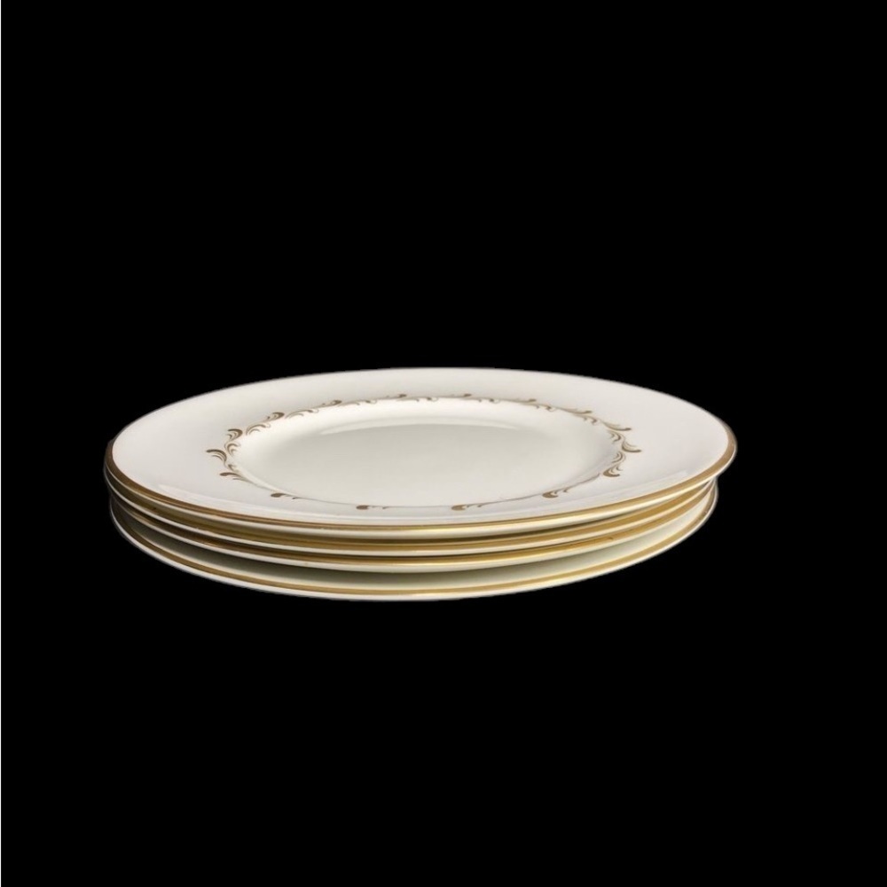 4 Royal Doulton Rondo 8” Bone China Salad Plates White Gold Scrolls in EUC - Picture 3 of 7